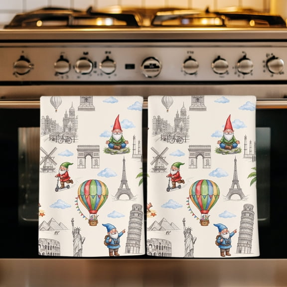 Cartoon Gnomes Kitchen Towels Set of 1, Bisaya Tower Eiffel Tower Scenic Spot Absorbent Dish Towels for Kitchen, Microfiber Hand Towel, Quick Drying Tea Towel for Cleaning Decorative Dishcloths