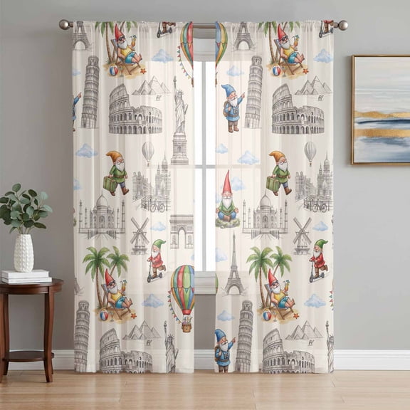 Cartoon Gnomes Sheer Curtains 63 Inch Length 2 Panels Set, Bisaya Tower Eiffel Tower Scenic Spot Voile Window Treatment Rod Pocket Curtains Sheers Drapes for Bedroom/Living Room/Kitchen 52x"63"x2