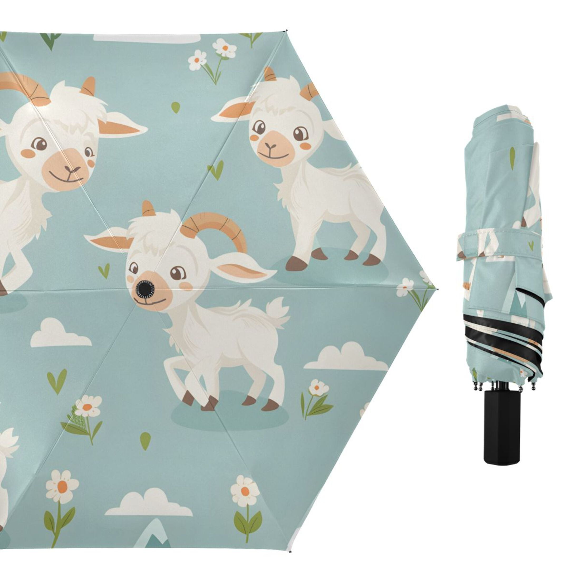 Cartoon Goats Mountains Clouds Flowers All Weather Umbrella Triple Folding Parasol 6 Ribs UV Protection Portable