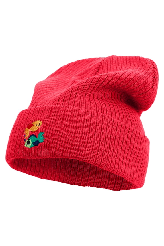 Cartoon Goldfish Icon Embroidered Big Size Cuff Long Beanie - Red XL-3XL