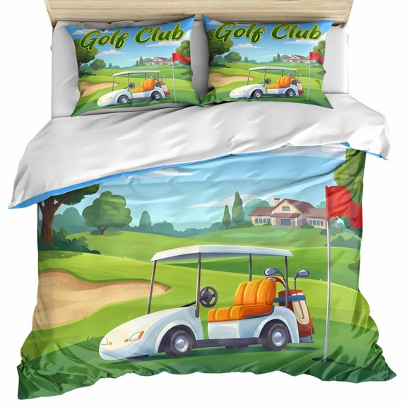 Cartoon Golf Bedding 3 Piece Duvet Cover Set Twin Size, Chic Country Green Trees Cabins Sports Soft Microfiber Comforter Cover with Zipper Closure & Pillowcases, Wrinkle & FadeResistant Quilt Cover