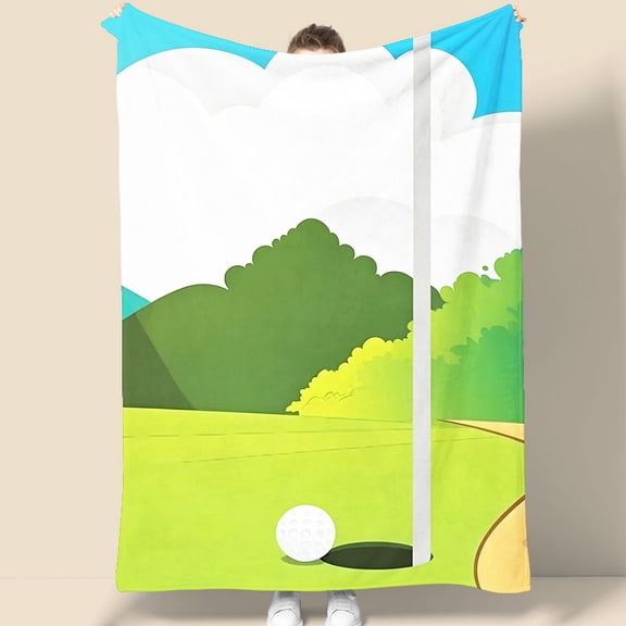 Cartoon Golf Course Tapestry 70.07 x 90.55 Inches Wall Hanging with Red Flag and Ball Design for Home Office Bedroom Decor