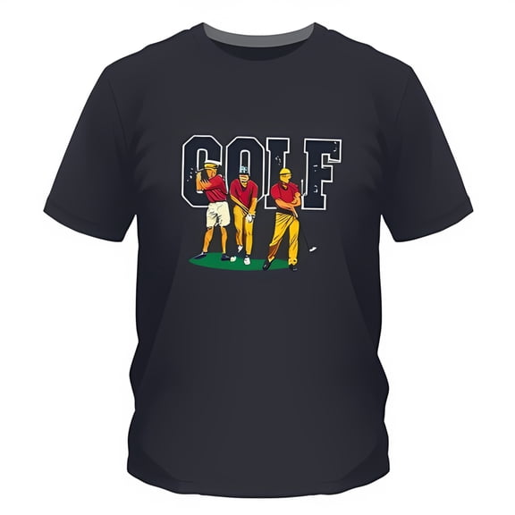 Cartoon Golf Players Graphic Tee Bold 'GOLF' on Blue T-Shirt
