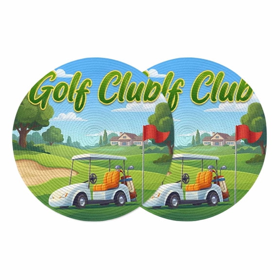 Cartoon Golf Round 13 Inch Placemats Set of 2, Chic Country Green Trees Cabins Sports HeatResistant Non Slip Place Mats for Dining Table, Wipeable Braided Kitchen Table Mats for Housewarming