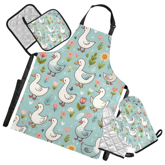 Cartoon Goose Flower Leaf 5 Pcs Kitchen Set Heat Resistant Oven Mitts and Non-Slip Pot Holders with Adjustable Cooking Apron