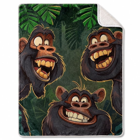 Cartoon Gorilla Sherpa Blanket, Jungle Print Plush Throw, Soft Polyester Fleece