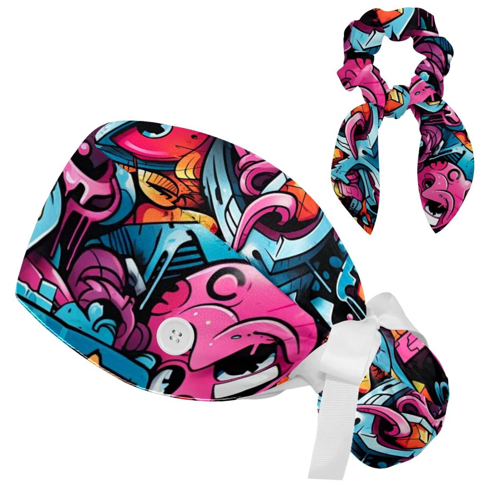 Cartoon Graffiti Bandana Caps Sweatband with Hair Scrunchies Bowknot