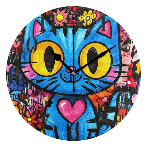 Cartoon Graffiti Cat Round Wall Clock Battery Operated Silent Non-Ticking Bedroom Office Kitchen Home School Decor 10"(Black)
