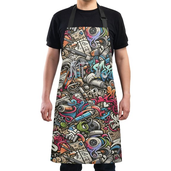 Cartoon Graffiti Doodle Kitchen Apron with 2 Pockets Adjustable waterproof Cooking Aprons for Women Men Chef