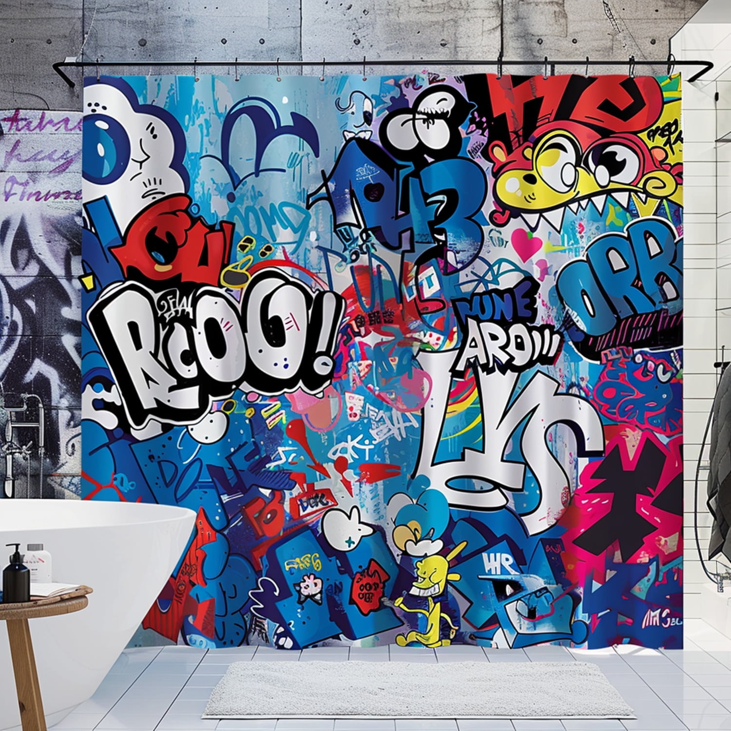Cartoon Graffiti Street Art Shower Curtain Blue and Red Design with