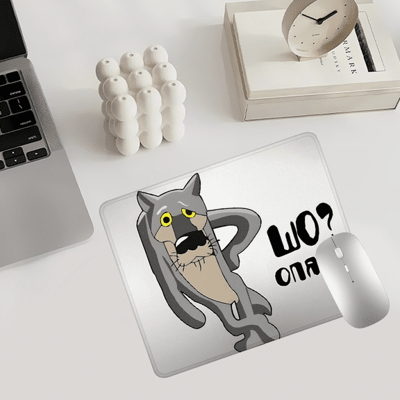Cartoon Gray Cat Mouse Pad 9.77x7.87 Inches - Funny Animal Design Polyester Fiber Desk Mat for Home Office Gaming
