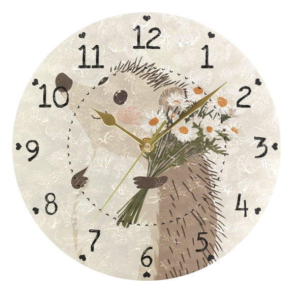 Cartoon Gray Hedgehog Round Wall Clock Silent Battery Operated Home Decor for Living Room Bedroom