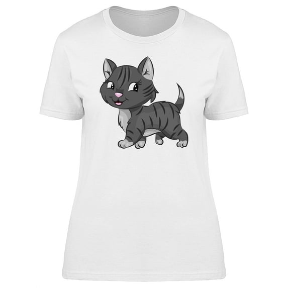 Cartoon Gray Kitten With Stripes T-Shirt Women -Image by Shutterstock, Female Small