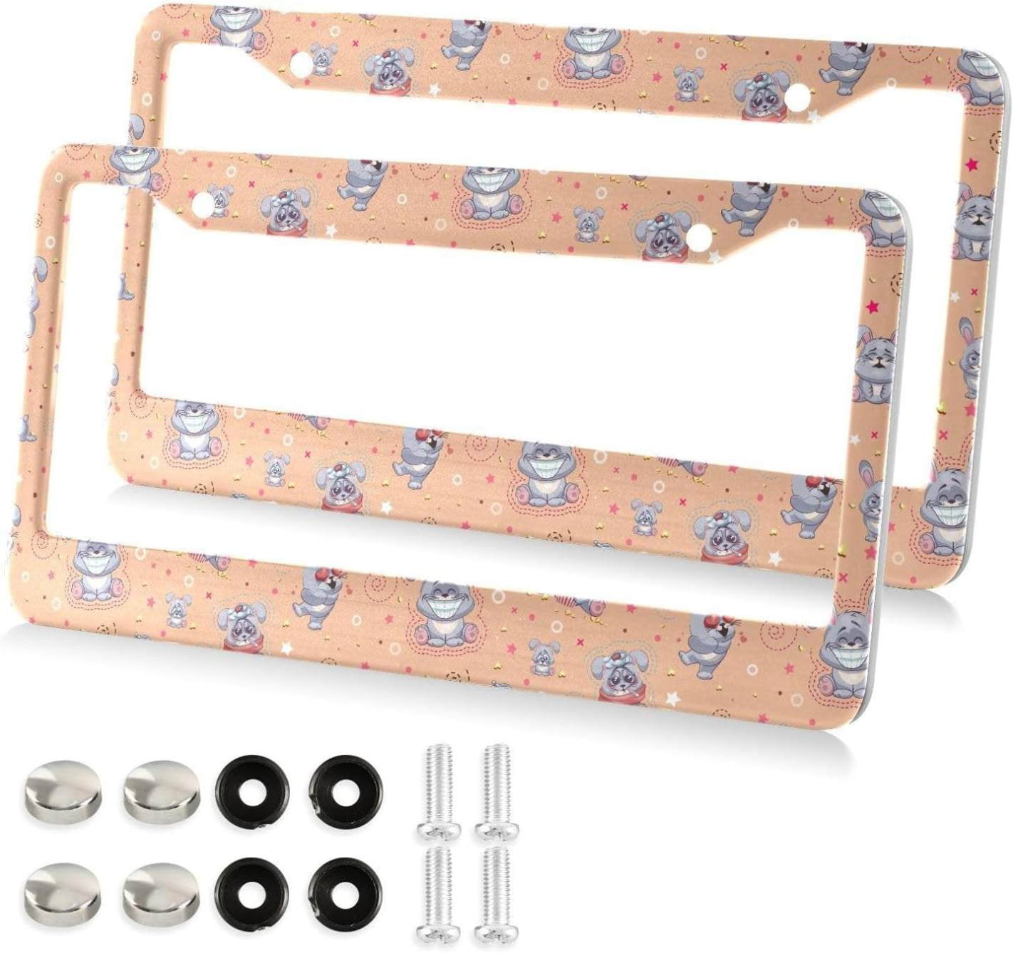 Cartoon Gray Rabbits License Plate Frame, Decorative Aluminum Car Tag Frames, 2 Pack Universal