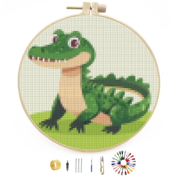Cartoon Green Alligator Crocodile Easy Stamped Cross Stitch Kits for Beginners with Hoop Simple Patterns 11CT Counted Embroidery Needlepoint Crafts Arts for DIY Enthusiasts and Home Decor 26x26cm(3)