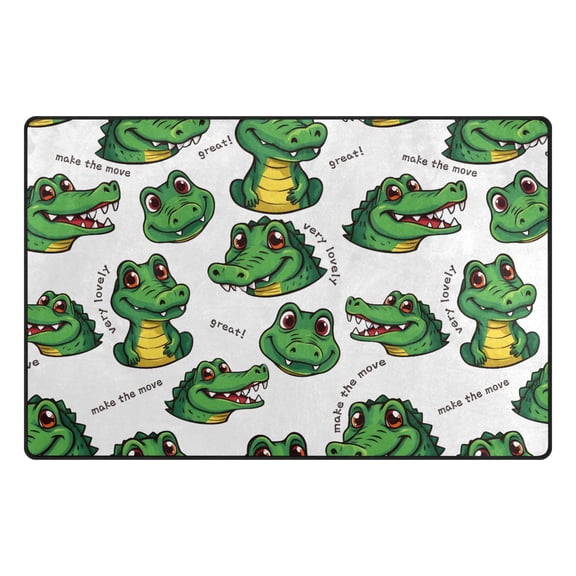 Cartoon Green Alligator with Pattern Memory Foam Area Rug 60"x39" Non Slip, Absorbent, Fade Proof for Living Room, Bedroom, Office