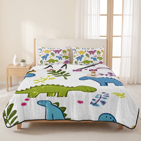 Cartoon Green Blue Purple Dinosaur 3 Pieces Quilt Set,1 Quilt with 2 Shams,Cute Animals Bedspread Soft Lightweight Bedding Coverlet Comforter Set for All Season 96"x106"