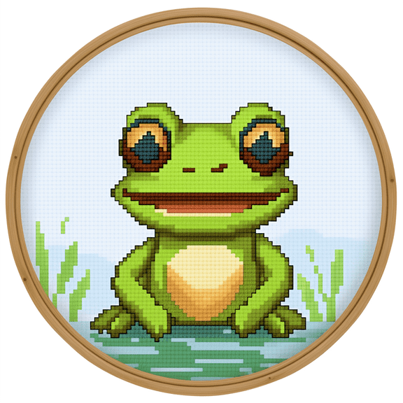 Cartoon Green Frog DIY Stamped Cross Stitch Kits for Beginners Easy with Hoop 11CT Needlepoint Embroidery Counted Cross Stitch Kits Art Craft Wall Decoration 30x30cm(1)