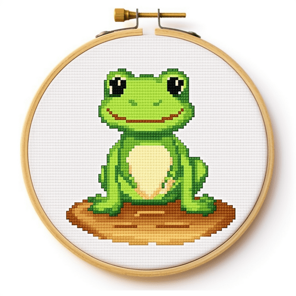 Cartoon Green Frog DIY Stamped Cross Stitch Kits for Beginners Easy with Hoop 11CT Needlepoint Embroidery Counted Cross Stitch Kits Art Craft Wall Decoration 30x30cm(3)
