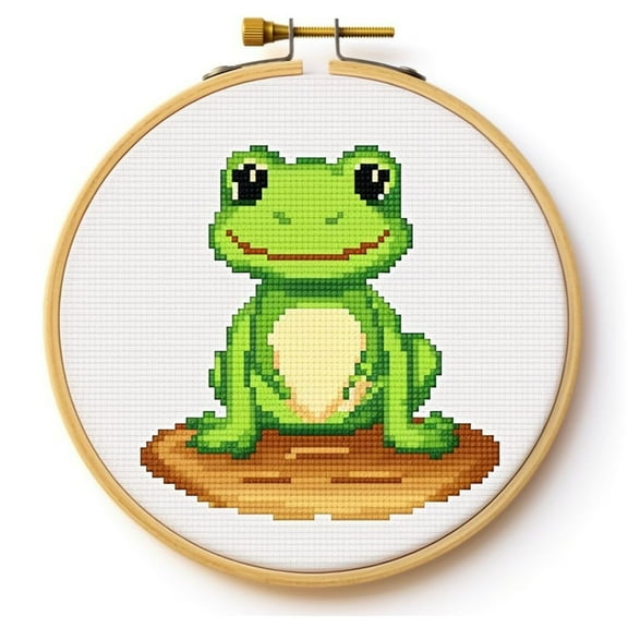Cartoon Green Frog DIY Stamped Cross Stitch Kits Easy for Beginners and Children with Hoop 11CT Needlepoint Counted Embroidery Kits Art Craft Wall Decoration 12x12inch(8)