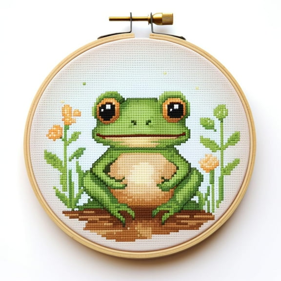 Cartoon Green Frog DIY Stamped Cross Stitch Kits Easy for Beginners and Children with Hoop 11CT Needlepoint Counted Embroidery Kits Art Craft Wall Decoration 12x12inch(1)