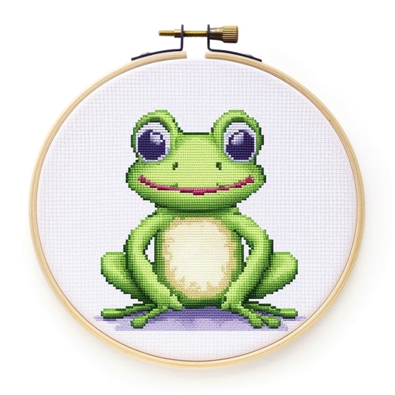 Cartoon Green Frog DIY Stamped Cross Stitch Kits Easy for Beginners and Children with Hoop 11CT Needlepoint Counted Embroidery Kits Art Craft Wall Decoration 12x12inch(2)