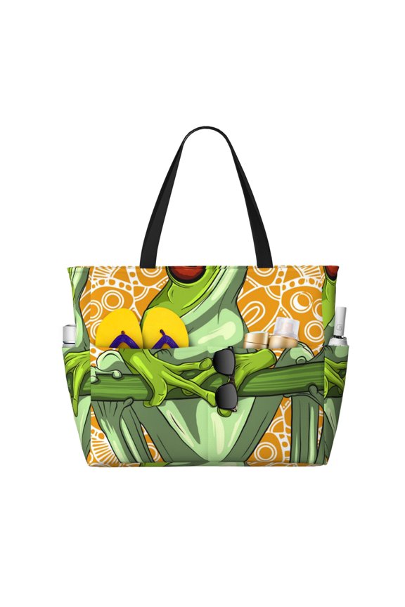 Cartoon Green Frog Large Capacity Beach Travel Tote Bag Shoulder Handbag for Gym Camping Shopping