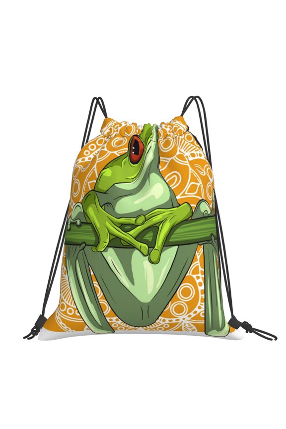 Cartoon Green Frog Large Drawstring Backpack Casual Cinch Sack Bag Backpack for Sports Hiking Travel Gym