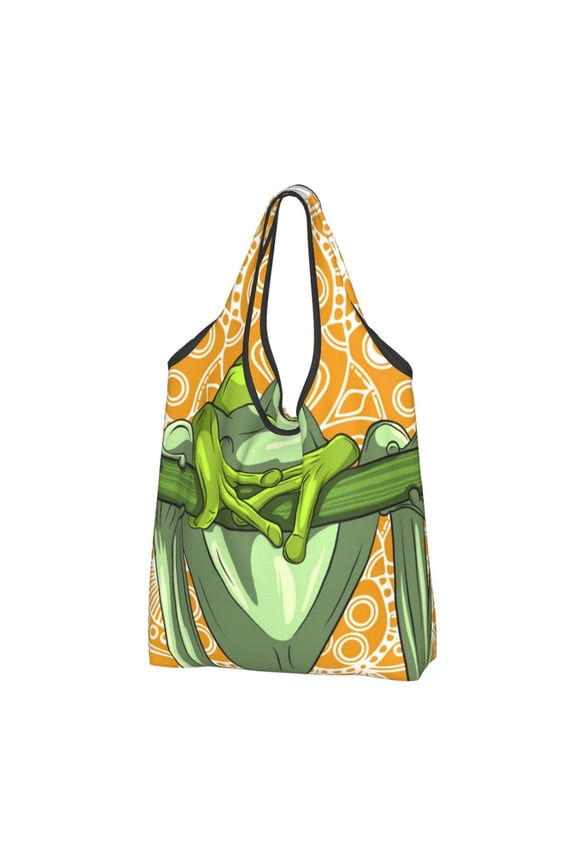 Cartoon Green Frog Reusable Grocery Bags Shopping Totes Foldable Washable Pouch Handbag Storage Bag