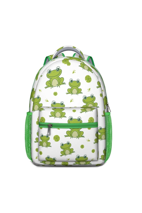 Cartoon Green Frog and Mushroom Print Backpack – Cute Nature Forest Pattern Schoolbag for and Outdoors