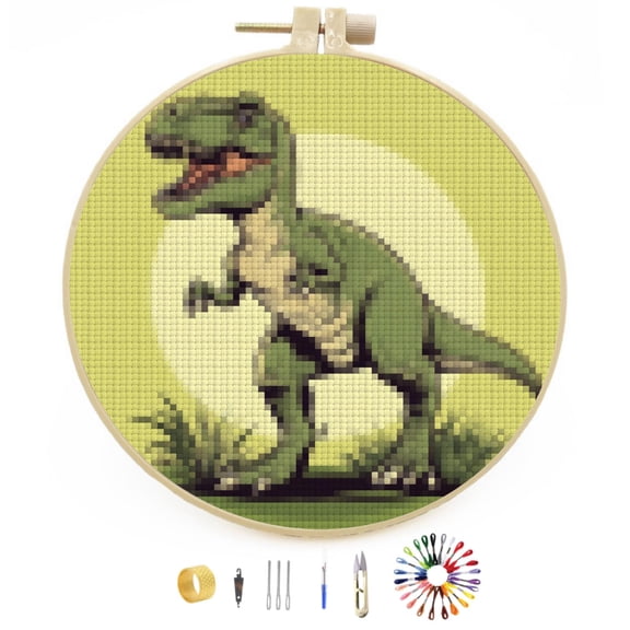 Cartoon Green Moon Dinosaur Easy Stamped Cross Stitch Kits for Beginners with Hoop Simple Patterns 11CT Counted Embroidery Needlepoint Crafts Arts for DIY Enthusiasts and Home Decor 26x26cm(3)