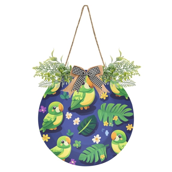 Cartoon Green Parrot Front Door Porch Decoration Hanging Sign with Artificial Green Plants and Bow for Home Outdoor Indoor