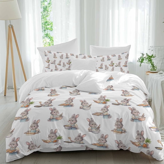 Cartoon Grey Rabbits Cooking Radish Queen Size Bed Set,Abstract Art Bedding for All Seasons,4 Pcs Bed Set,1 Quiltcover (90"x92"),1 Sheet(94"x116"),2 Pillowcases (30"x20")