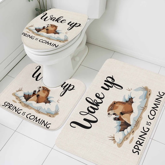 Cartoon Groundhog Bathroom Rugs Set Wake Up Spring Is Coming Linen Texture Non Slip Absorbent Soft Bath Mats 3 Piece Set with Bathroom Rug, U-Shaped Floor Mat, Toilet Seat Cover Small Size