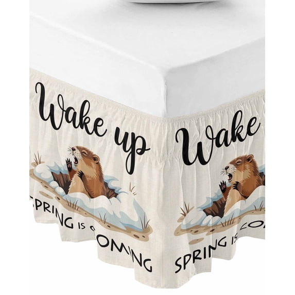 Cartoon Groundhog Bed Skirt Queen Size 18 Inch Drop, Wrap Around Bed Skirts, Wake Up Spring Is Coming Country Elastic Bedskirt Pleated Bed Frame Cover Luxurious Dust Ruffle for Queen Bed