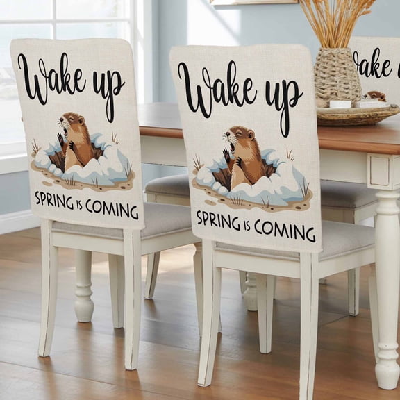 Cartoon Groundhog Dining Chair Back Cover Only, Wake Up Spring Is Coming Linen Texture Set of 4 Chair Back Covers, Removable Washable for Dining Room, Banquet & Holiday Decoration