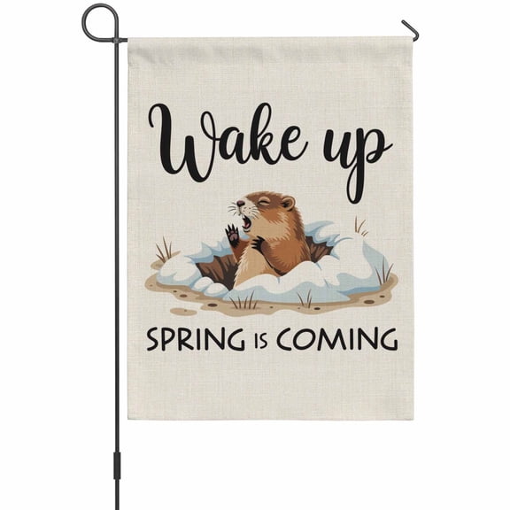 Cartoon Groundhog Garden Flag 12 x 18 Inches, Wake Up Spring Is Coming Linen Texture Weather Proof Outdoor Patio Flags Double Sided Small Garden Decoration for Yard Outside Home