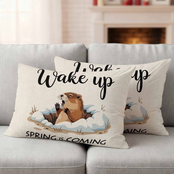 Cartoon Groundhog Outdoor Waterproof Throw Pillow Covers 20x12 Set of 2, Wake Up Spring Is Coming Country Decorative Pillowcases Cushion Pillowcase for Couch Sofa Patio Outside Pillow Protector