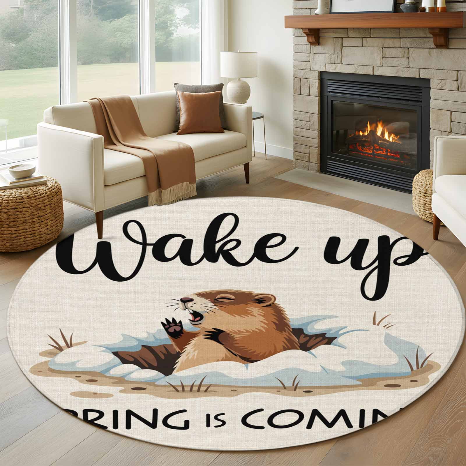 Cartoon Groundhog Round Area Rug 5ft, Wake Up Spring Is Coming Country ...