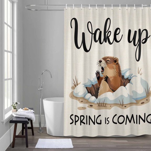 Cartoon Groundhog Shower Curtain for Bathroom Decor, Wake Up Spring Is Coming Linen Texture Waterproof Fabric Shower Curtain, 72"x72" Set with 12 Hooks