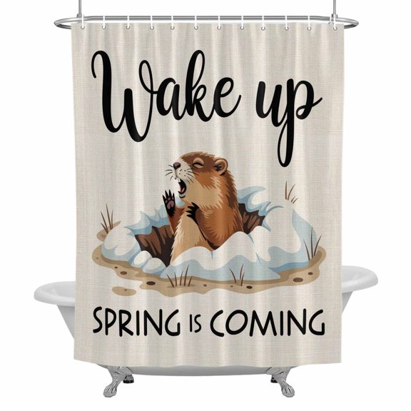 Cartoon Groundhog Shower Curtain for Bathroom, Wake Up Spring Is Coming Linen Texture Waterproof Cloth Fabric Bathroom Accessories Set with 12 Rust Proof Plastic Hooks, 72"x72"