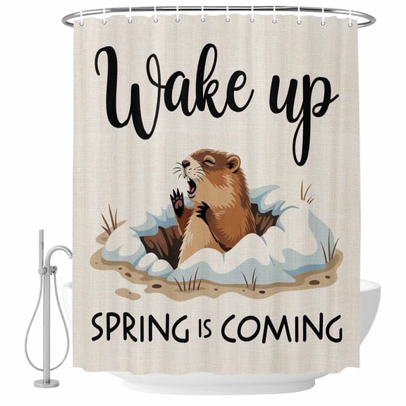Cartoon Groundhog Shower Curtain for Bathroom, Wake Up Spring Is Coming Linen Texture Waterproof Machine Washable Shower Curtain Set with Hooks, Bath Decoration for Home Bathtub Stall 72"x72"