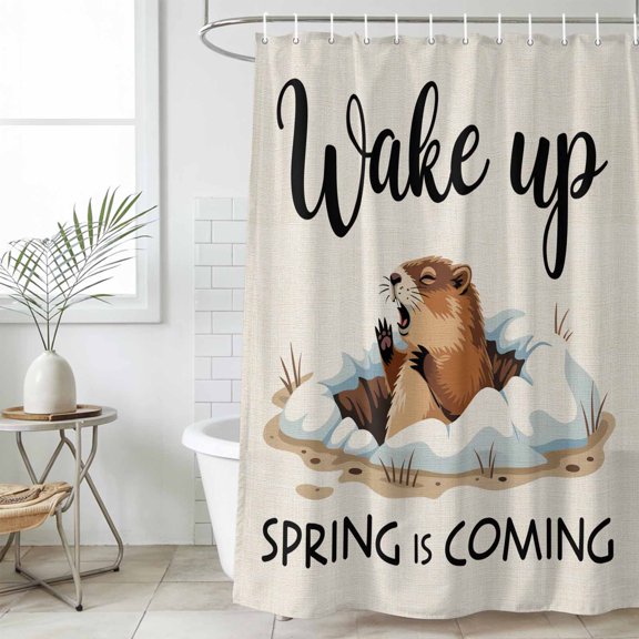 Cartoon Groundhog Shower Curtain Set, Waterproof Shower Curtains for Bathroom, Wake Up Spring Is Coming Country Washable Fabric Cloth Bath Curtain for Bathtub Decoration with Hooks 72x78 Inches
