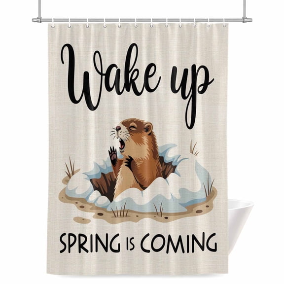 Cartoon Groundhog Shower Curtains for Bathroom, Wake Up Spring Is Coming Linen Texture Waterproof Fabric Shower Curtain for Bathroom Bathtub Decoration, Machine Washable 72"x72"