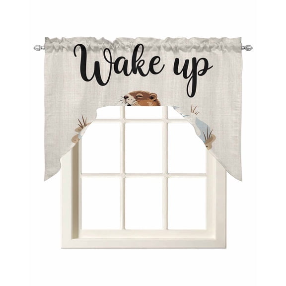 Cartoon Groundhog Swag Valances for Windows, Small Curtains Drapes, Wake Up Spring Is Coming Country Kitchen Window Curtains Over Sink Rod Pocket Window Treatment Valance for Bedroom/Bathroom 56"x36"