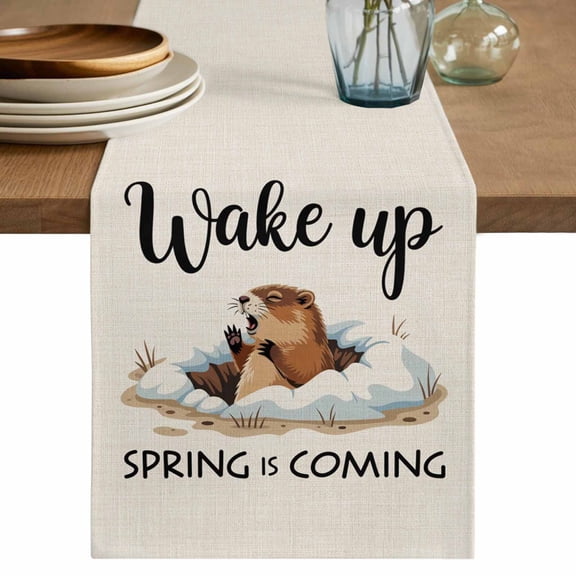 Cartoon Groundhog Table Runner 36 Inches, Wake Up Spring Is Coming Country Bed Runner Dresser Scarves Tabletop for Indoor Outdoor Parties/Ceremony/Banquet, 13"x 36"