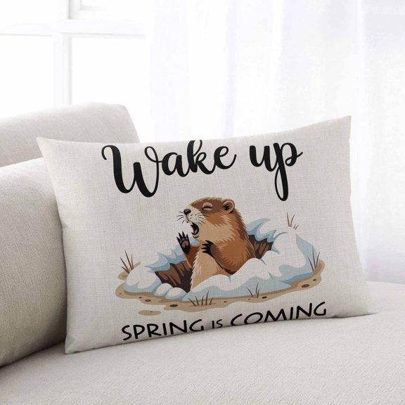 Cartoon Groundhog Throw Pillow Covers, Wake Up Spring Is Coming Country Soft Breathable Pillow Cases with Invisible Zipper for Sleeping, Standard Pillowcases for Couch Bed Sofa Chair 20x26 Inches