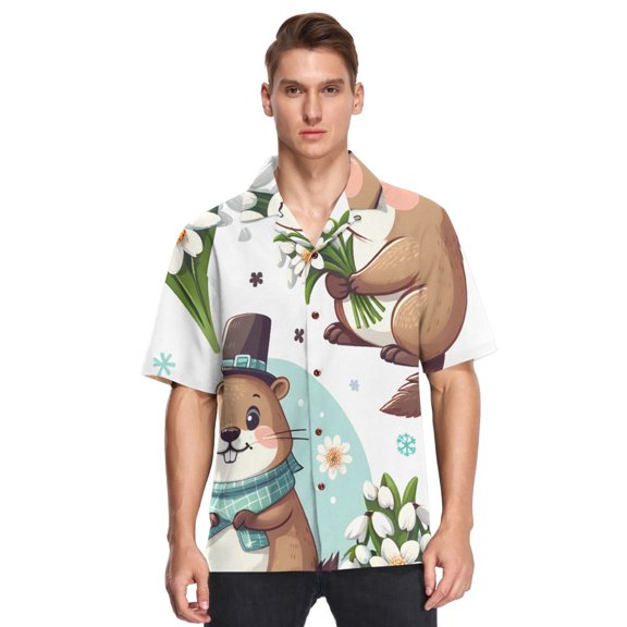 Cartoon Groundhogs Flowers Men's Hawaiian Wrinkle Free Button Down Short Sleeve Shirt Casual Shirts Beach Shirts