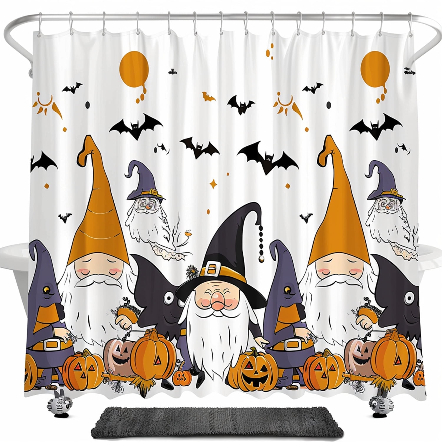 Cartoon Halloween Bathroom Set for Kids Gnomes Bats Pumpkins Shower