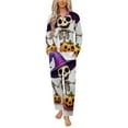 thumbnail image 1 of Cartoon Halloween Skeleton with Pumpkin, Bat Womens Pyjamas Set Button Up Pyjamas Womens with Long Sleeve Top And Wide Leg Pants V-neck Loungewear Sets, 1 of 9